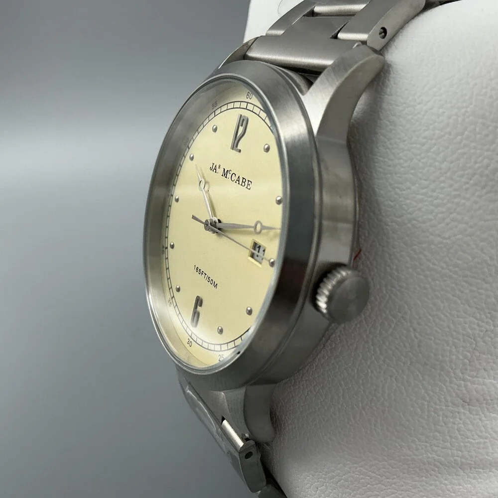 JAS McCabe JM-1034 Mens Watch 42mm Cream Dial Stainless Date New Battery 8.25